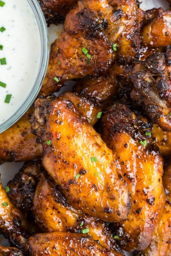 overhead view of hot pepper jelly glazed wings.