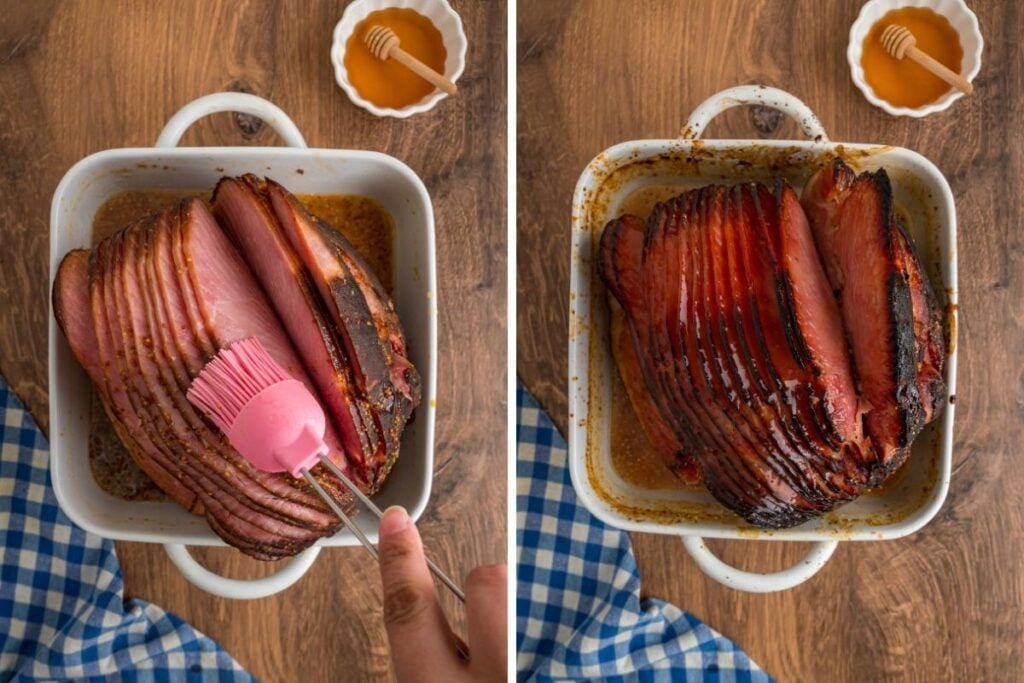 Silicone brush on top of ham, showing process of baking.