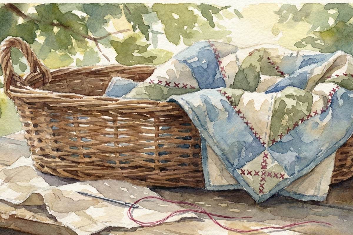 A woven basket holding a blue quilt with a needle and thread nearby.