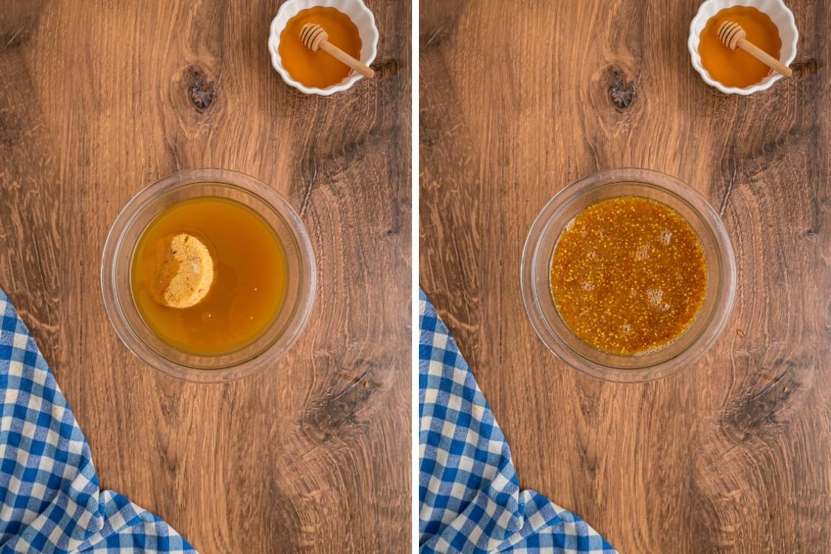 Small mixing bowl with glaze before and after combining.