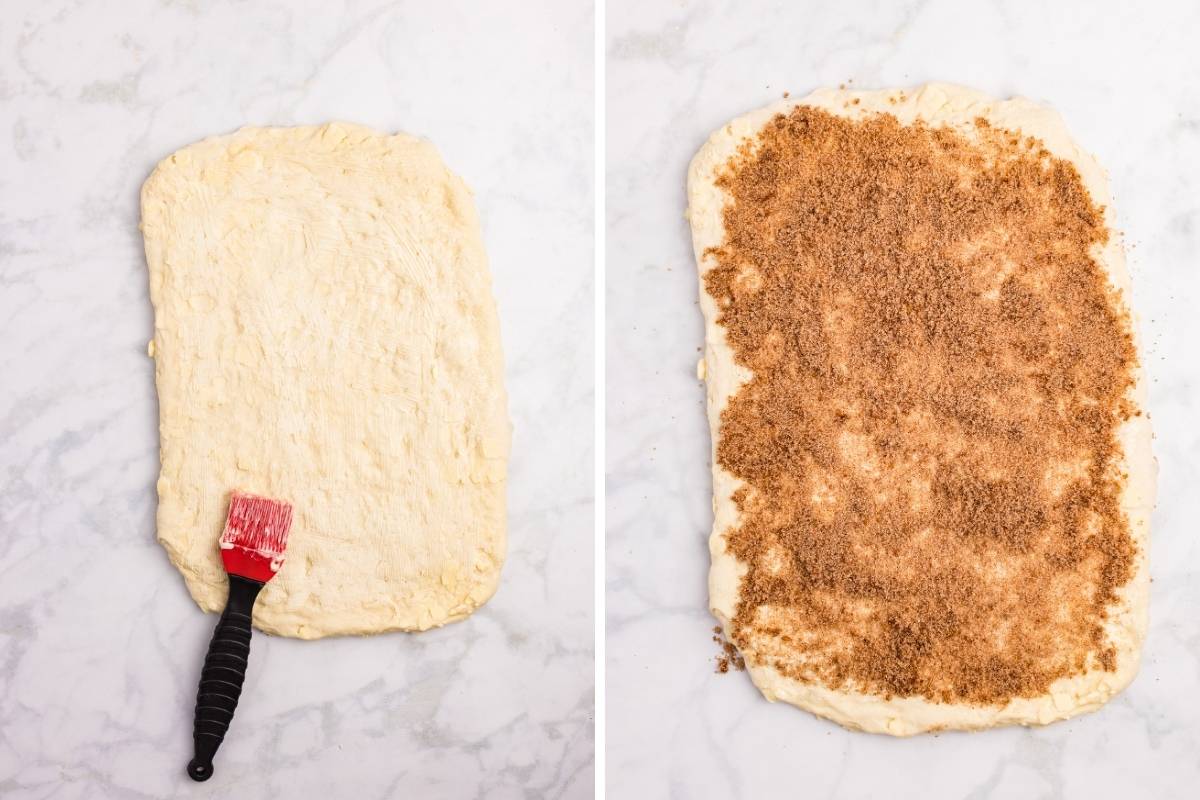 Dough rolled out and sprinkled with cinnamon filling.