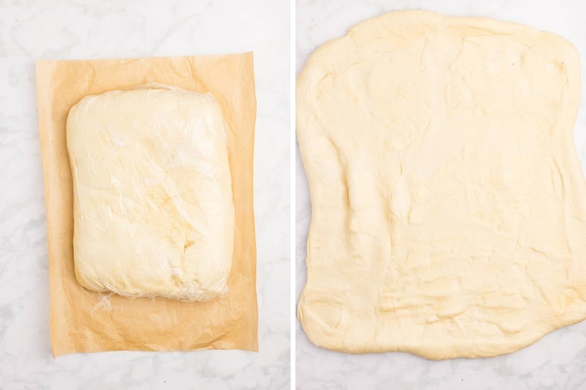 Dough with butter block in center before and after rolling out.