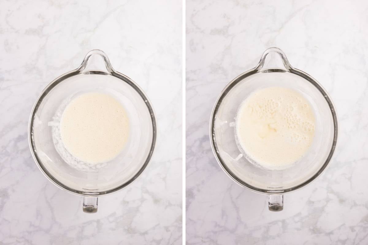 Two images showing the process of mixing liquids in large mixing bowls.