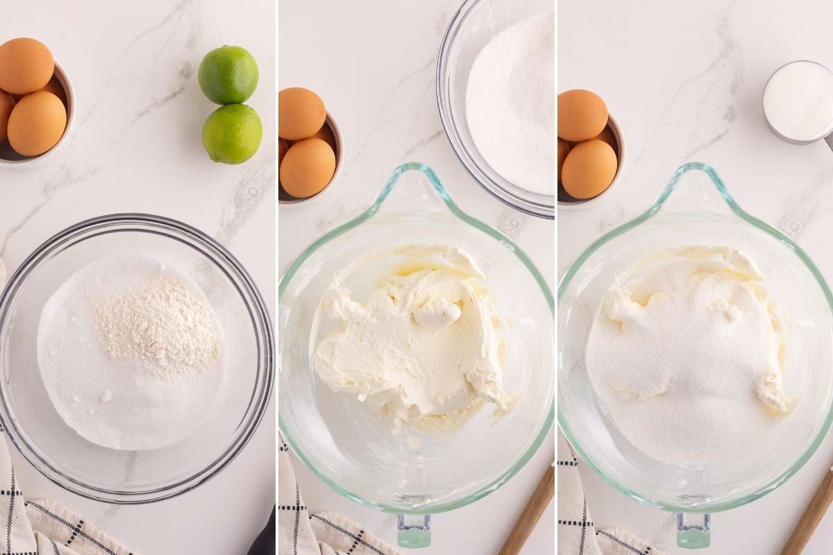 blending cream cheese into flour and sugar.