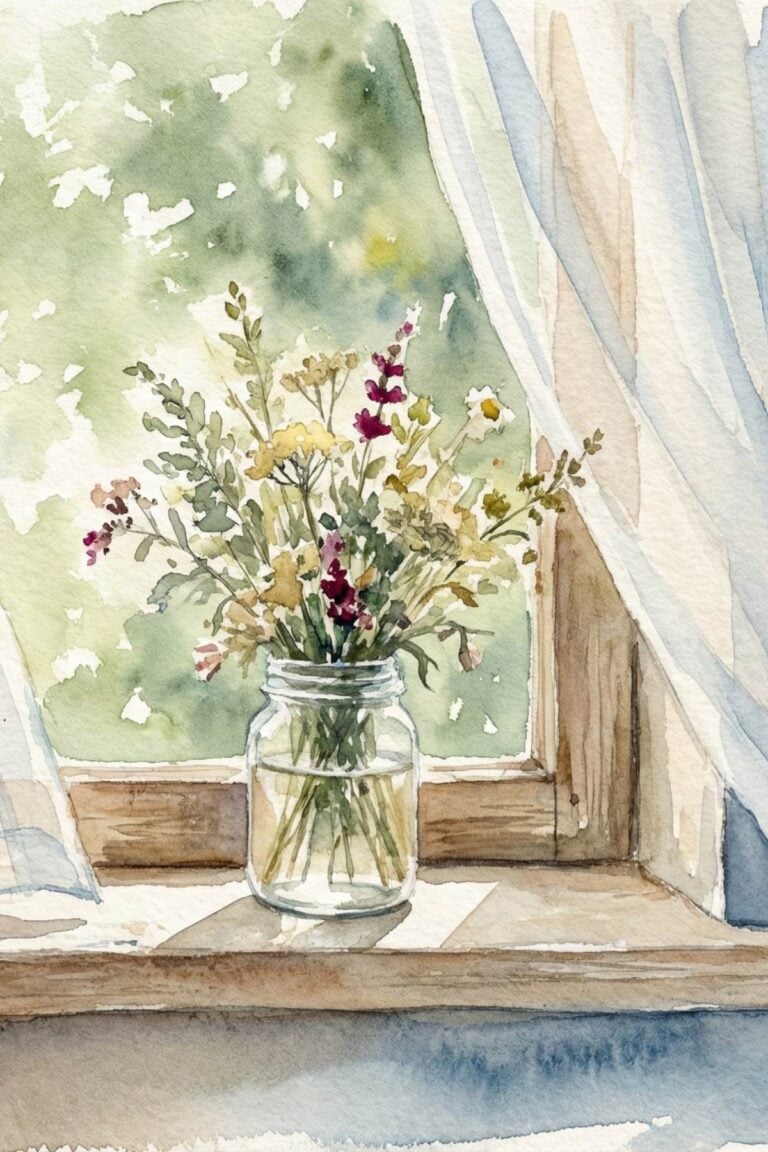Wildflowers in a mason jar sitting on a wooden windowsill near white curtains.