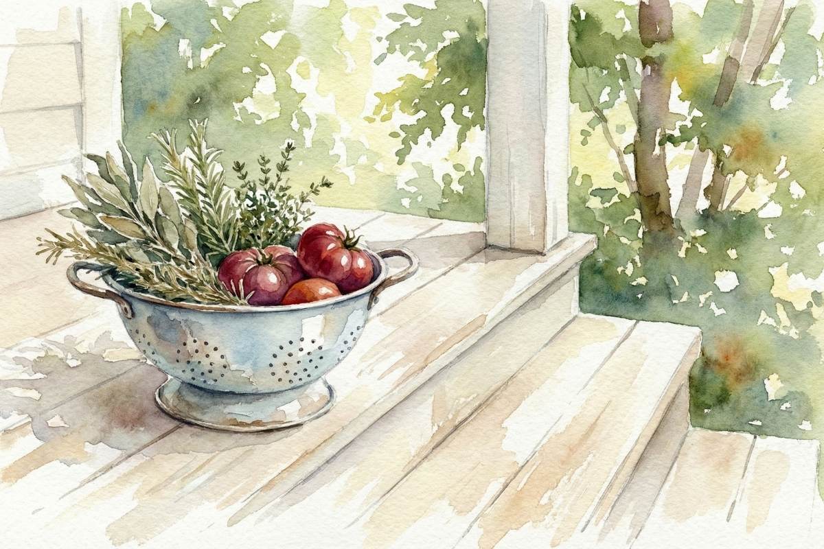 A white colander filled with tomatoes and fresh herbs on wooden porch steps.