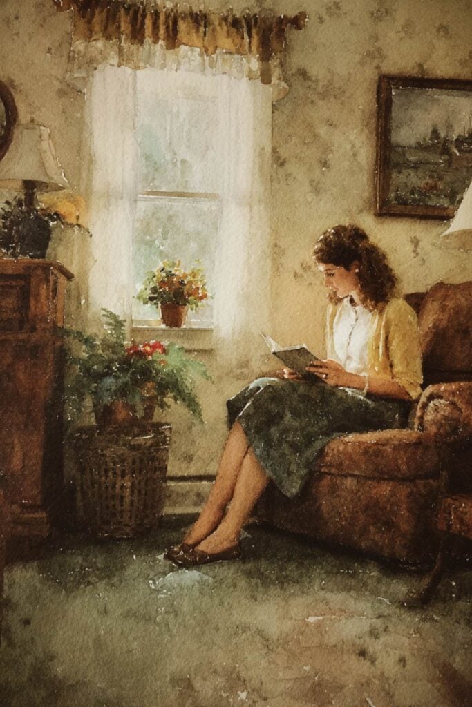 watercolor image of woman reading in living room.