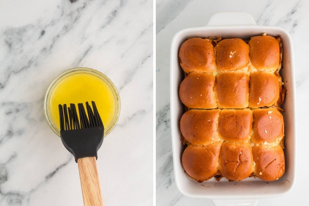 garlic butter mixture after being brushed on sliders.
