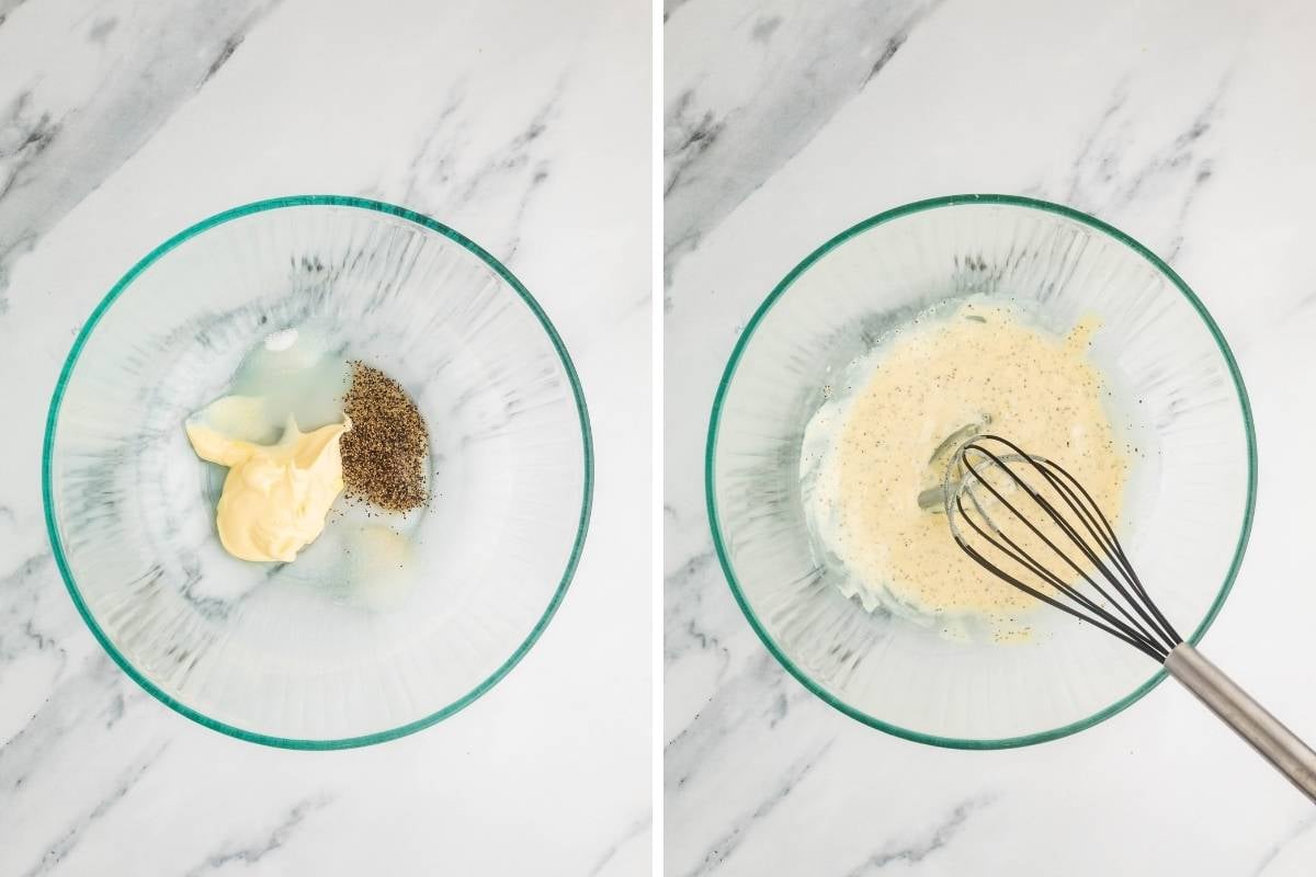 coleslaw dressing in glass bowl before and after mixing.