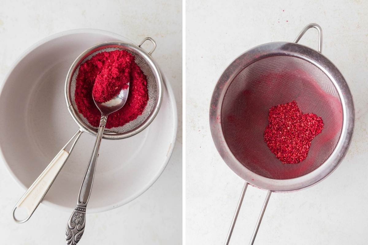 split image showing large pieces of raspberry strained out.