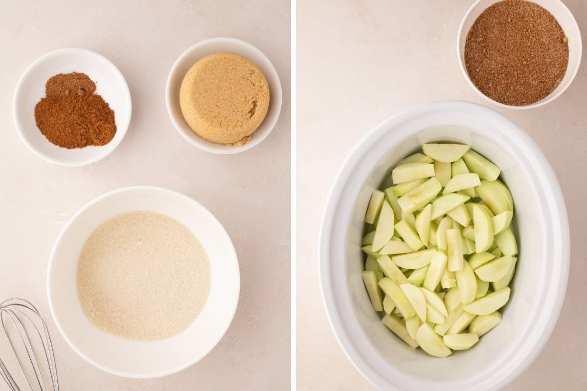 split image of apples, an bowl of mixed spiced sugar.