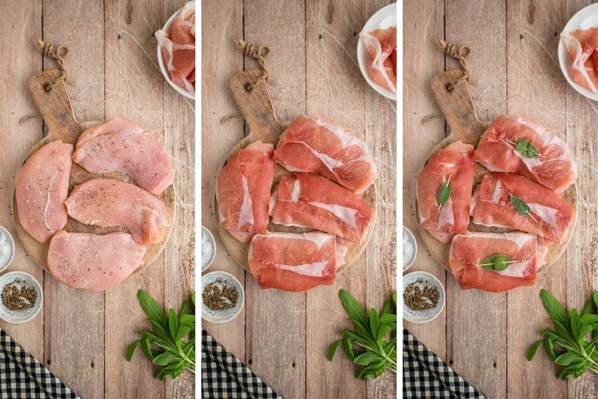 Side by side of seasoned chicken cutlets and cutlets topped with prosciutto slices.