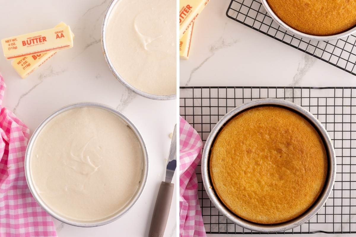 Two panels showing cake batter in round pans and a baked golden cake on a cooling rack.