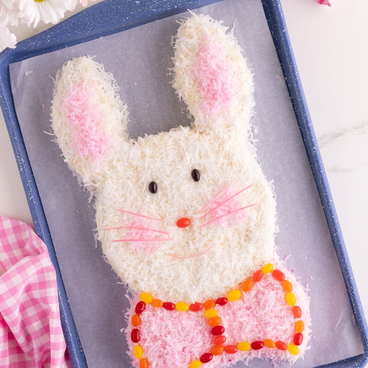 overhead view of bunny shaped cake.