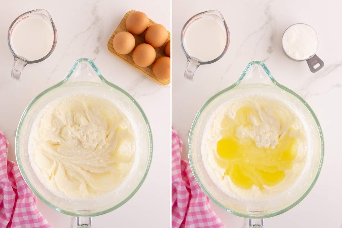 butter and sugar beaten with eggs on top