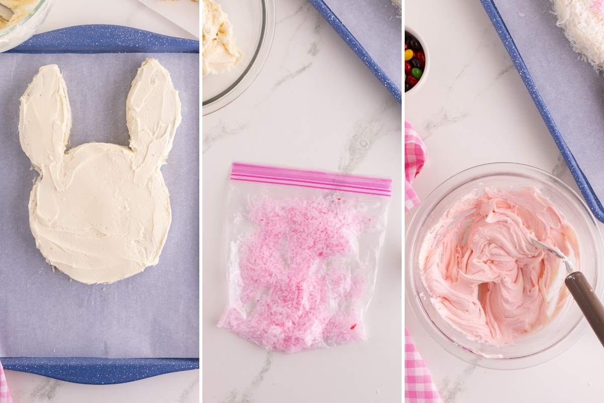 Three panels showing creamed butter, powdered sugar added, and finished buttercream frosting.