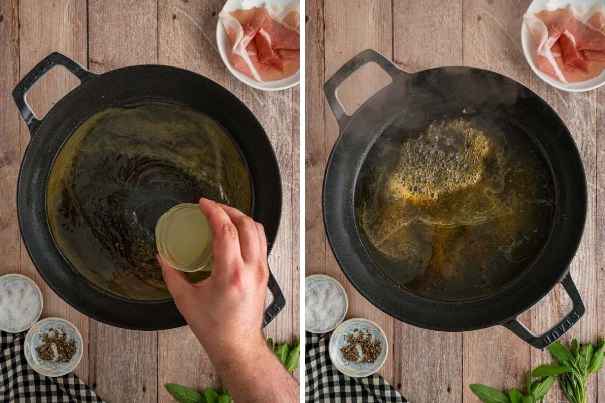 Hand pouring wine into hot skillet and the liquid simmering with browned bits.