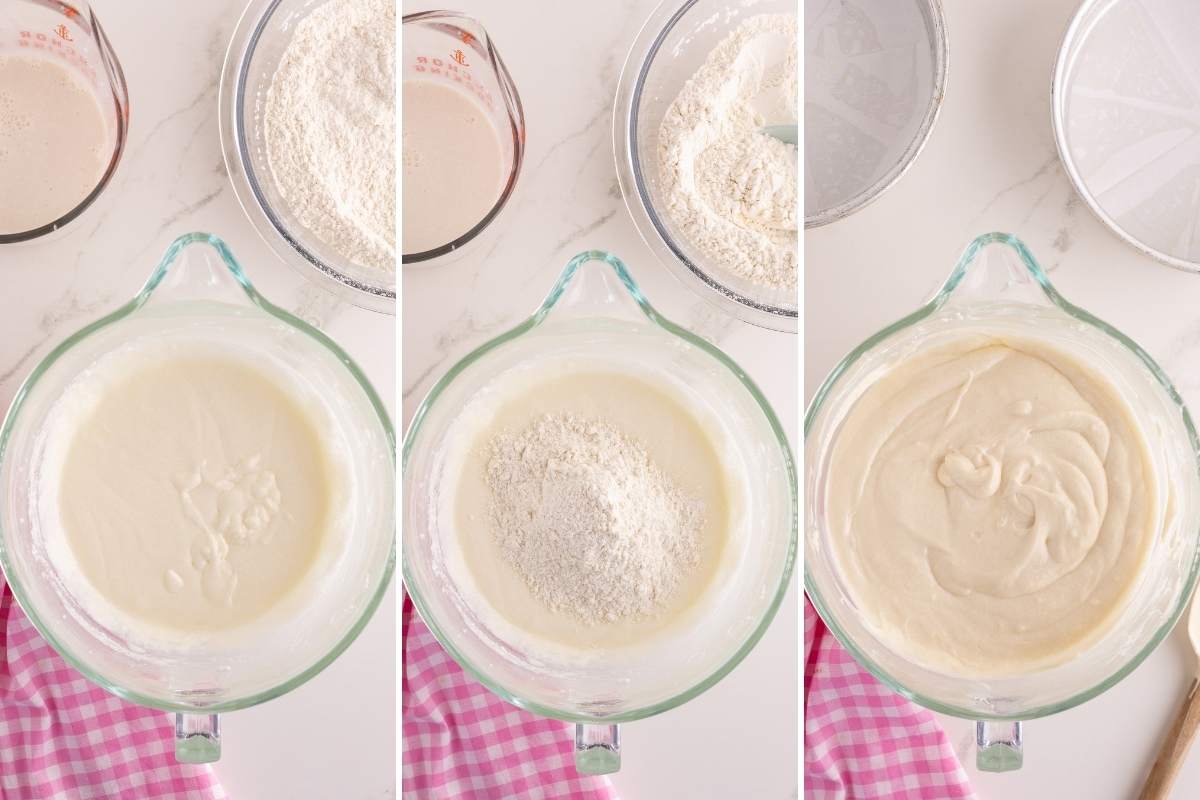Three panels showing batter at different stages of adding flour and milk mixtures.