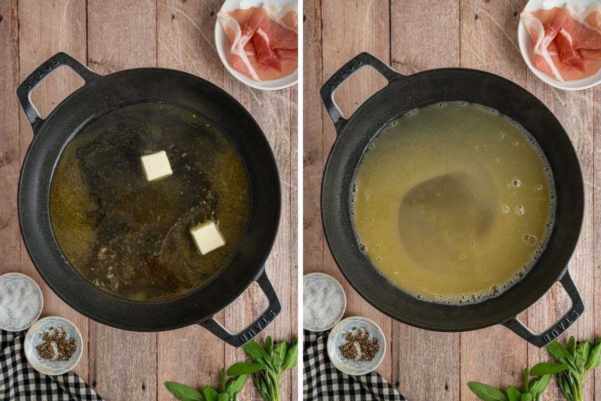 Side by side of cold butter added to pan and finished glossy sauce.