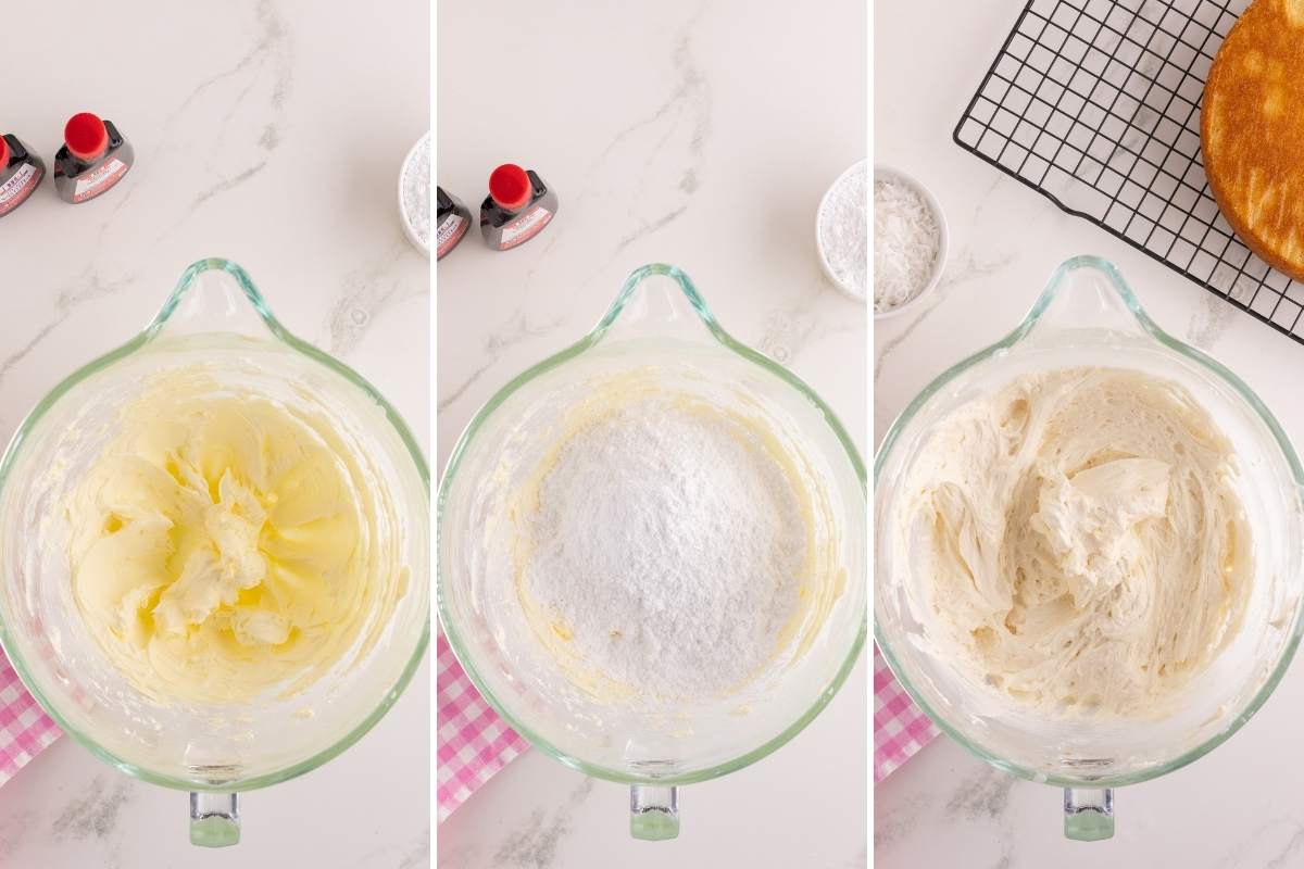 Three panels showing creamed butter, powdered sugar added, and finished buttercream frosting.