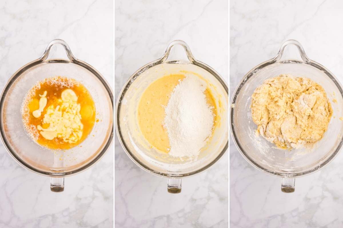 Three steps showing wet ingredients, adding flour, and shaggy dough.