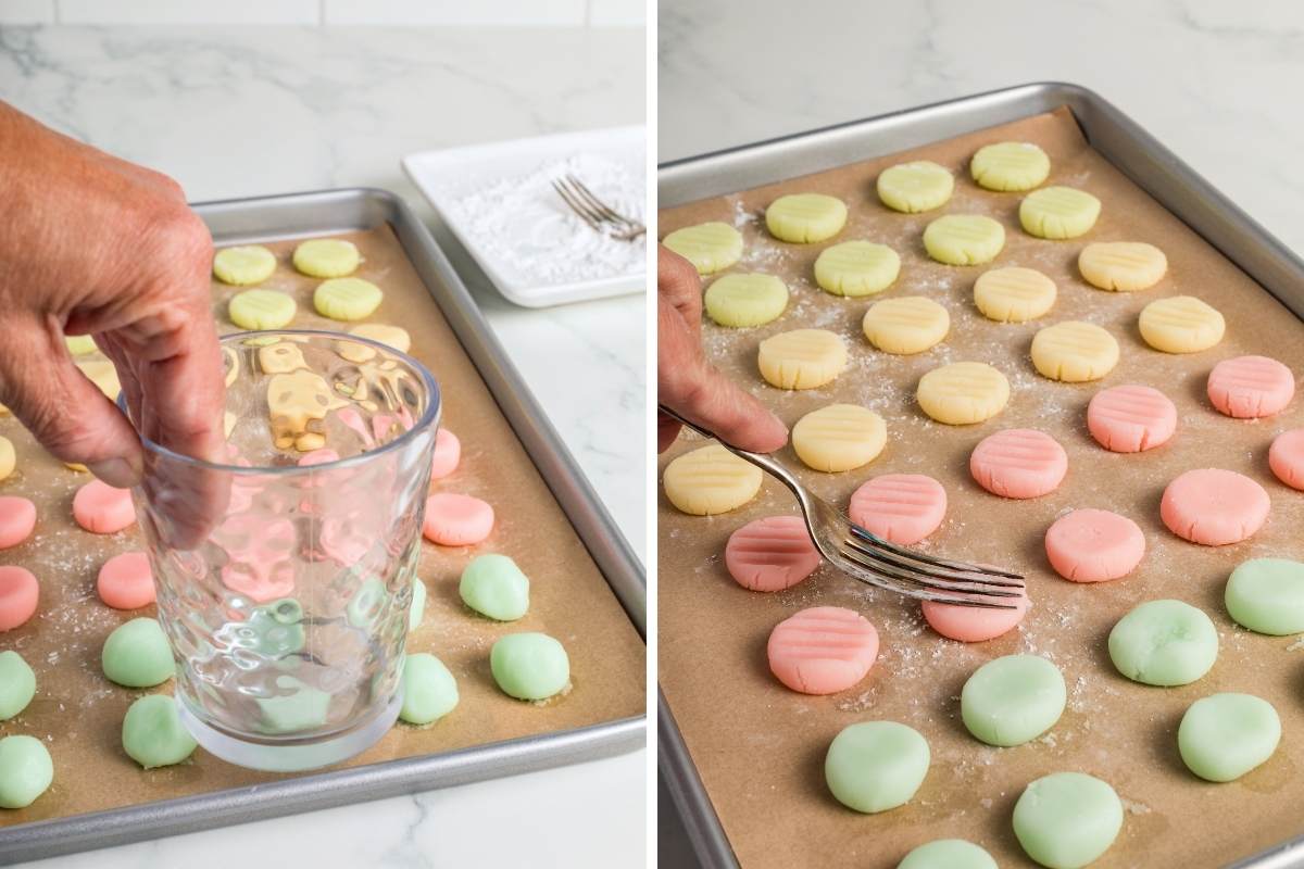 Two images showing a glass pressing mints flat and a fork adding texture.