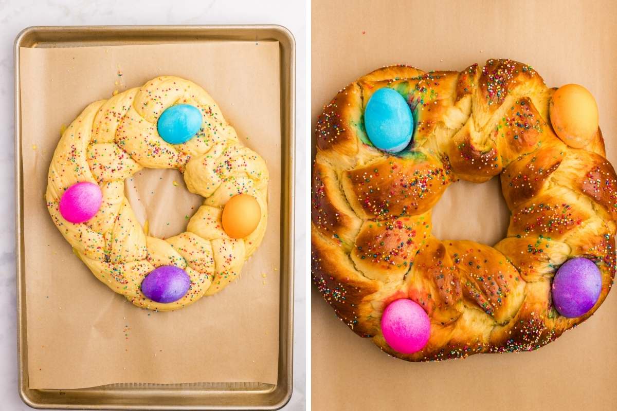 Side by side of unbaked and baked Easter bread with colored eggs.