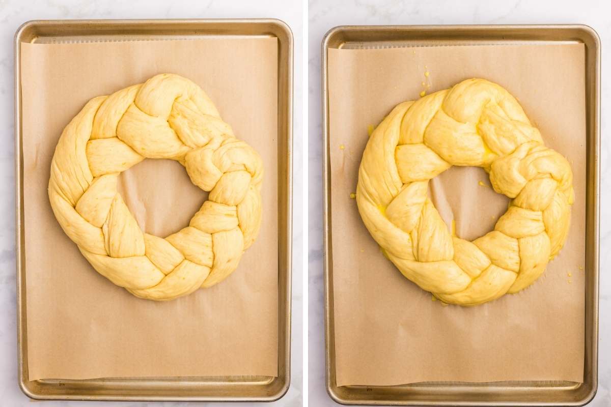 Side by side of braided dough ring before and after second rise.