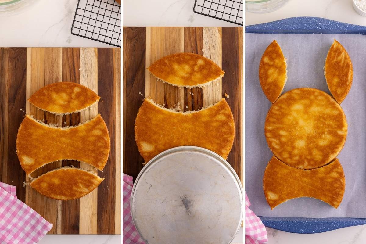 Three panels showing a round cake cut into ears, using the pan as a guide, and assembled bunny shape.