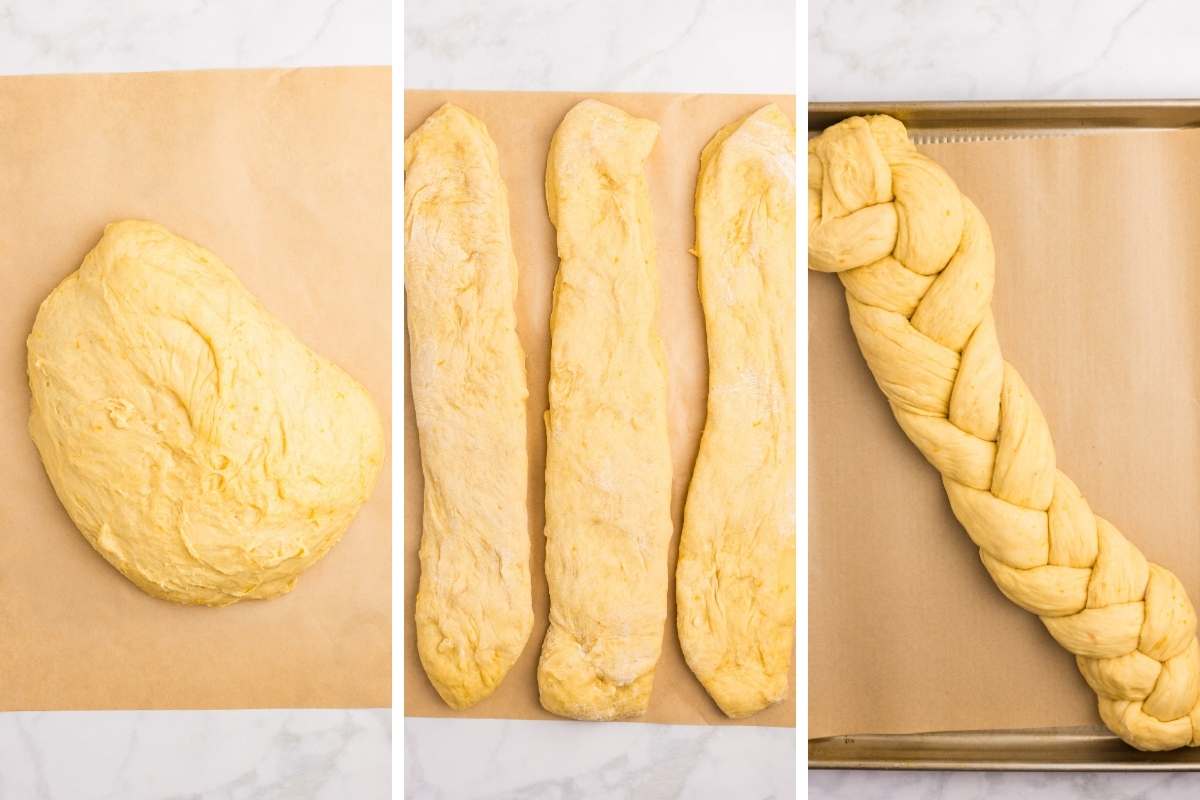 Three steps showing dough ball, three ropes, and finished braid.