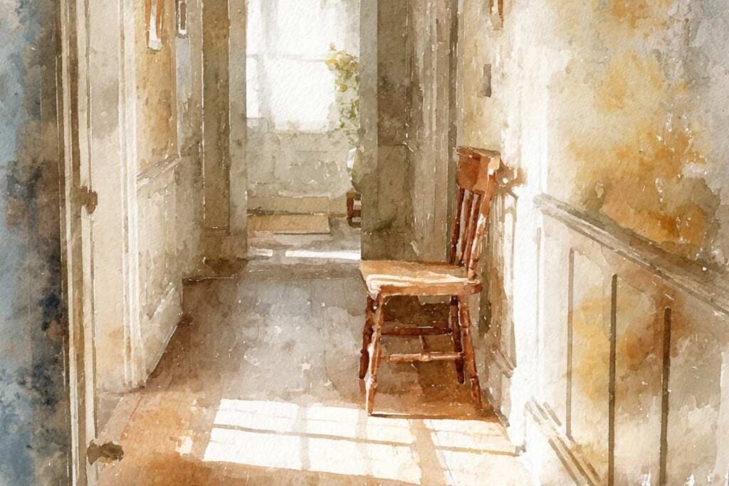 Watercolor painting of a single wooden chair in a quiet, sunlit room with soft light streaming through the windows