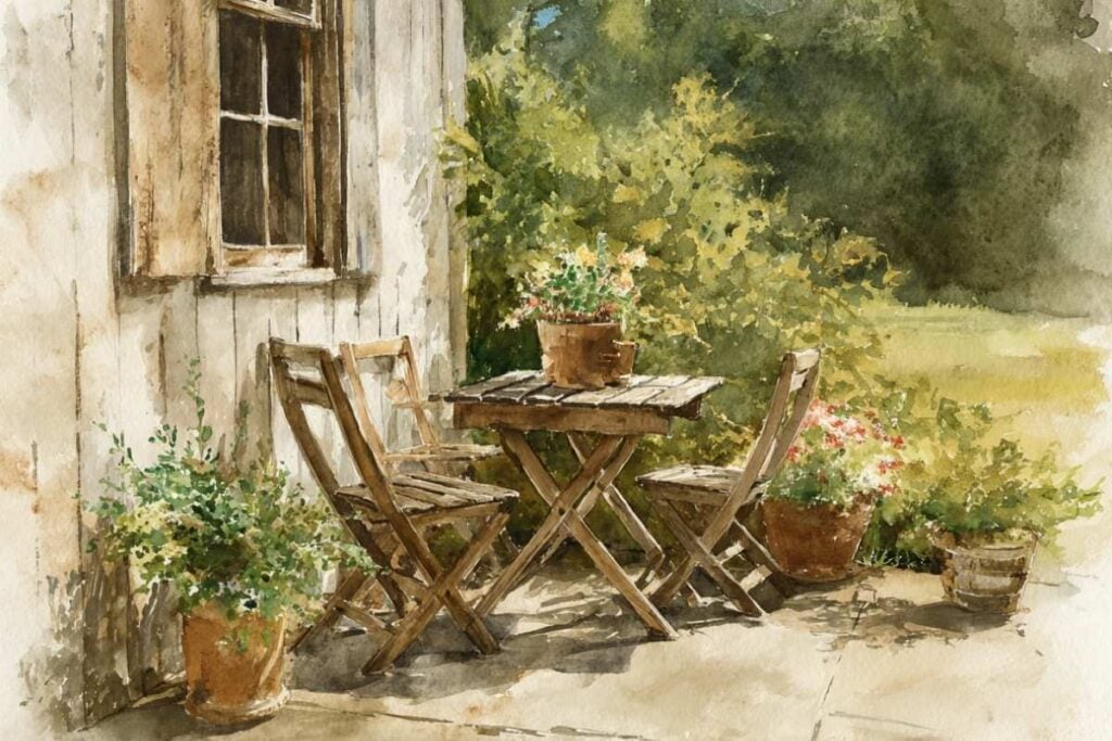 Watercolor painting of wooden garden chairs in a sunlit backyard seen through an open doorway, surrounded by lush greenery