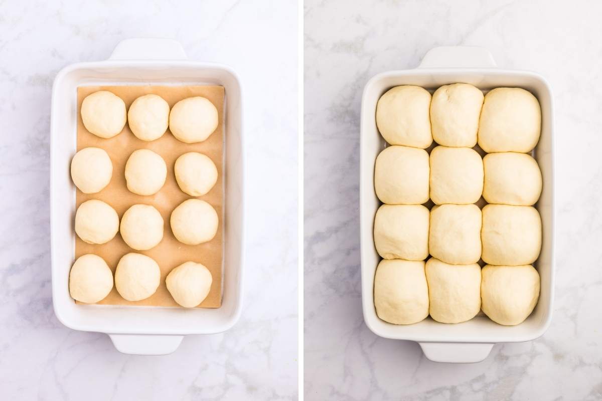 Shaped rolls before and after rising.