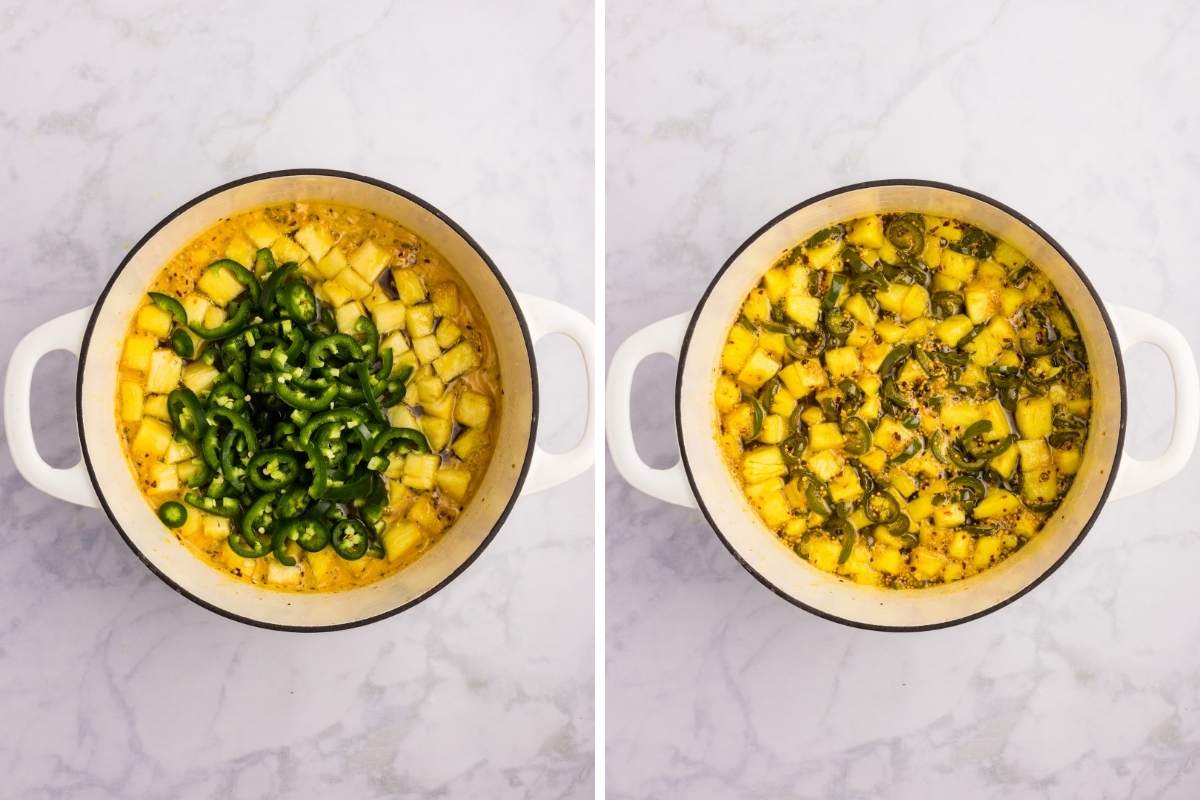 Pineapple and sliced jalapeños added to the syrup before and after stirring.