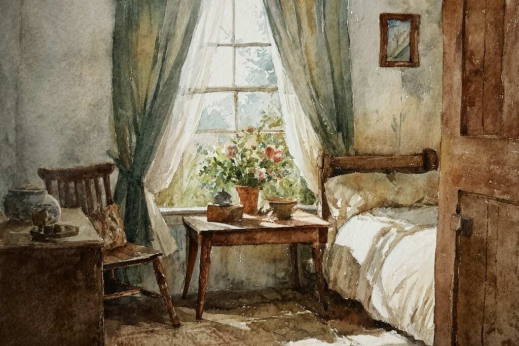 Watercolor painting of a cozy bedroom corner with an armchair, books on a side table, and sheer curtains blowing gently by an open window