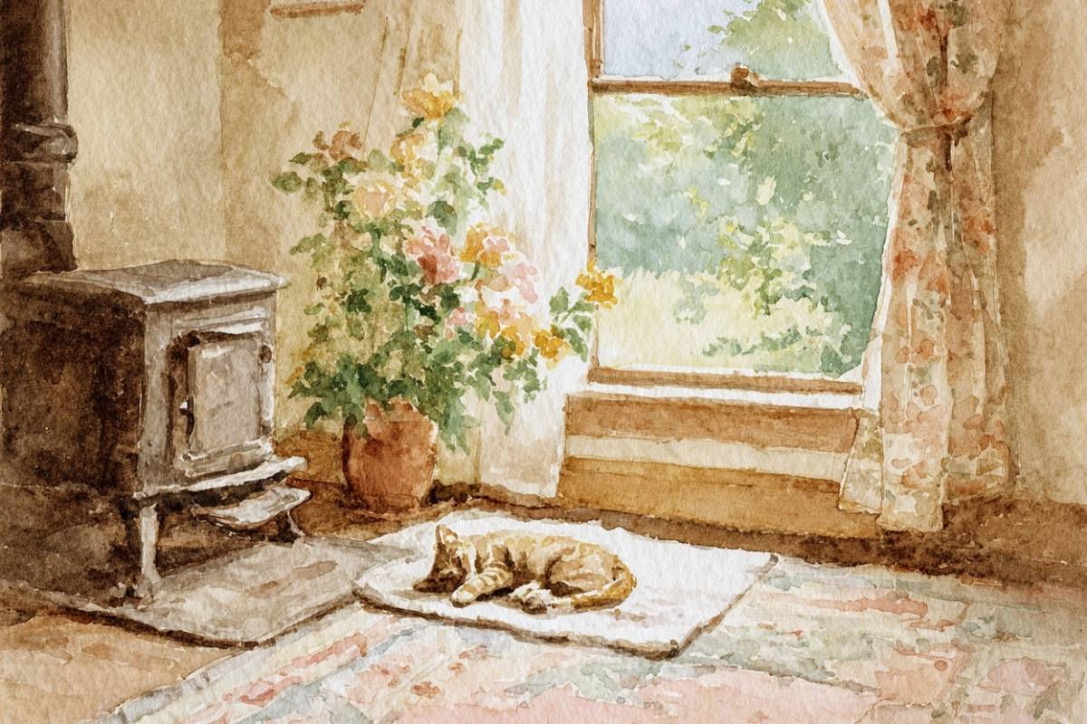 Watercolor painting of a cat sleeping near a wood stove and window.