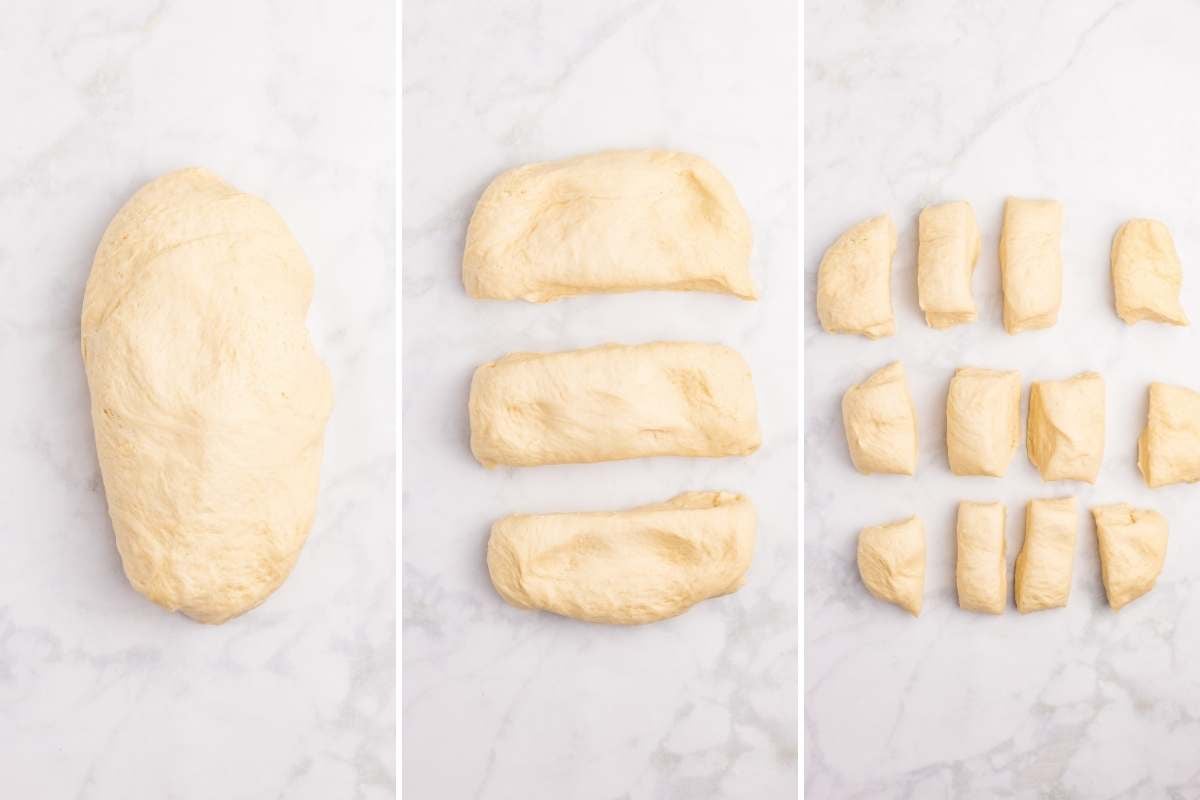 Three-panel photo showing snowflake roll dough being divided — a full risen loaf, then cut into three logs, then portioned into twelve equal pieces on a marble surface.