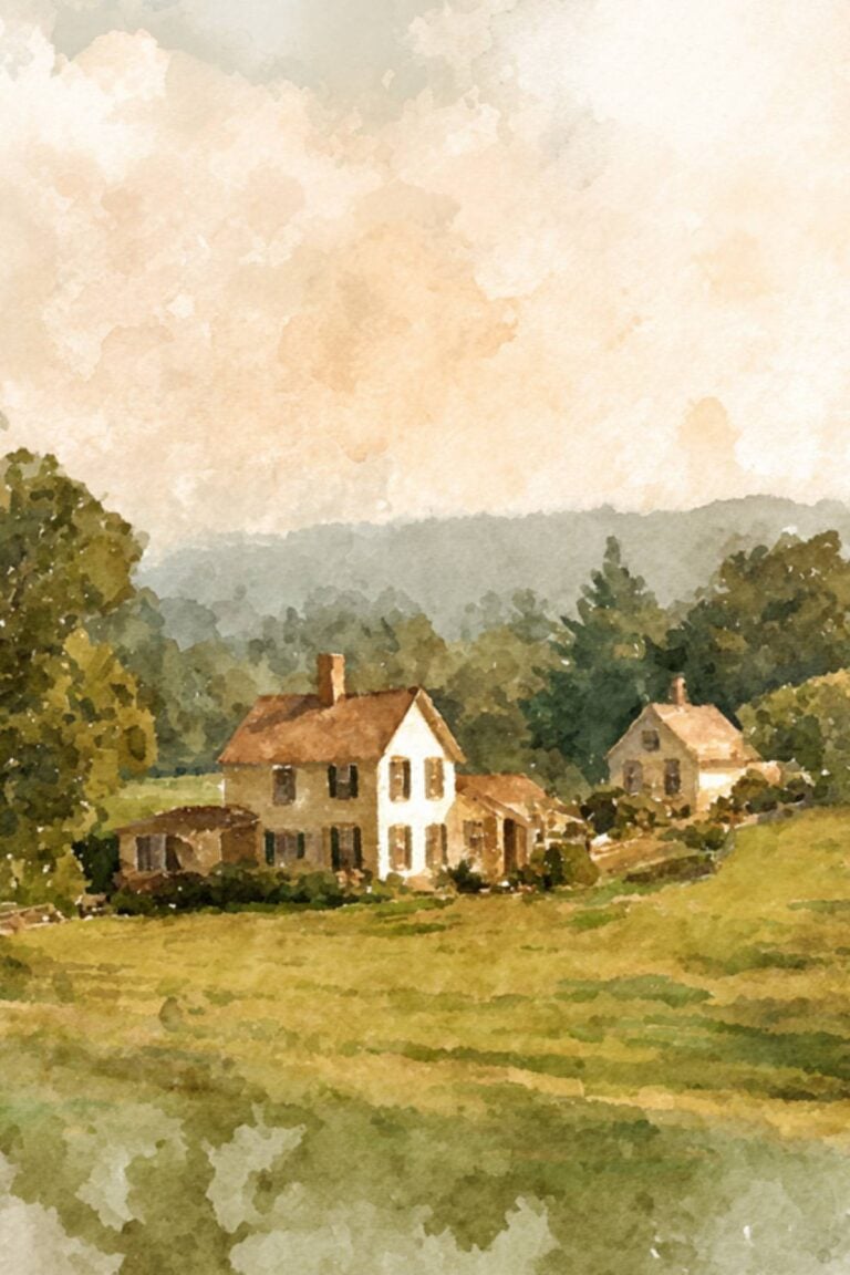Watercolor painting of two farmhouses in a green field with wooded hills behind them.