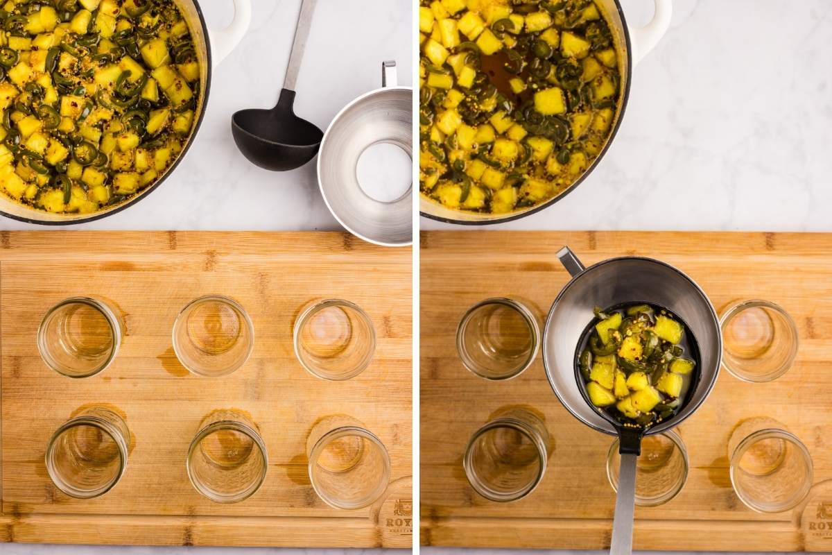 Pineapple jalapeño mixture in a pot with empty jars and a ladle ready to fill.

