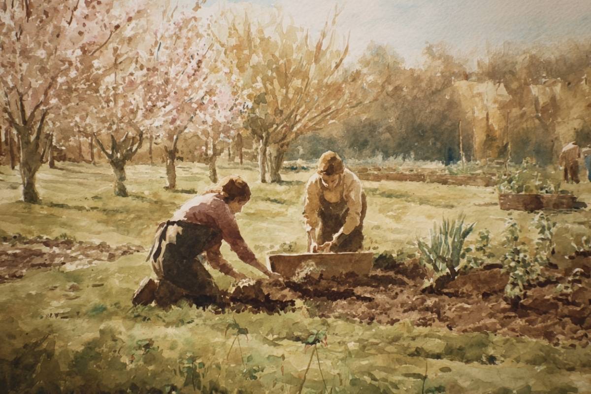 Watercolor painting of two people working in a garden with blooming trees.