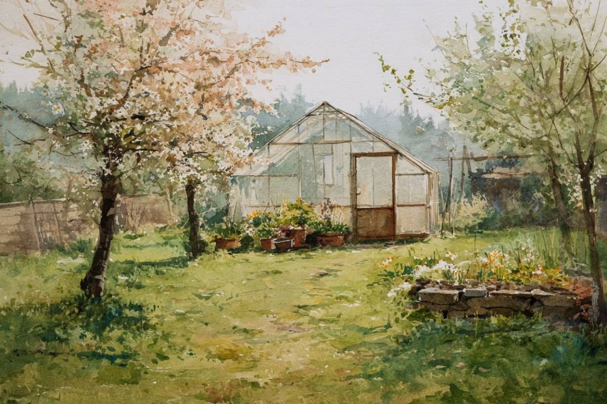  Watercolor painting of a glass greenhouse in a spring garden with flowering trees.