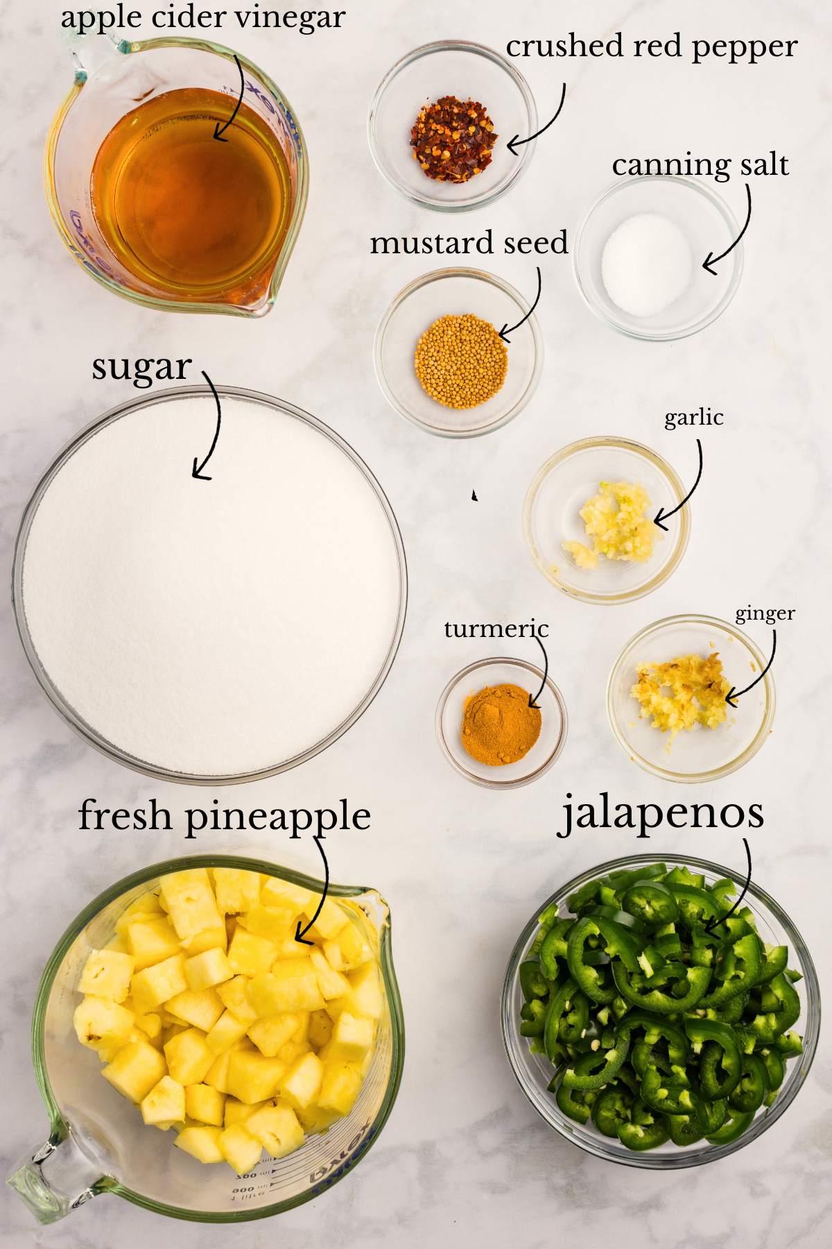 Labeled ingredients in bowls including pineapple, jalapeños, sugar, and spices.