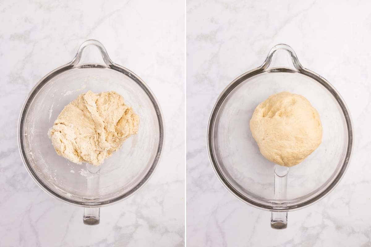 
Side-by-side photos of snowflake roll dough in a glass mixer bowl before and after kneading, showing the transformation from rough and shaggy to smooth and elastic.