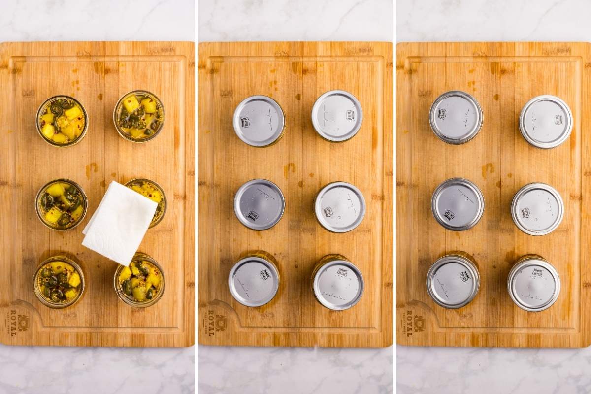 Three steps: wiping jar rims, placing lids, and tightening rings.