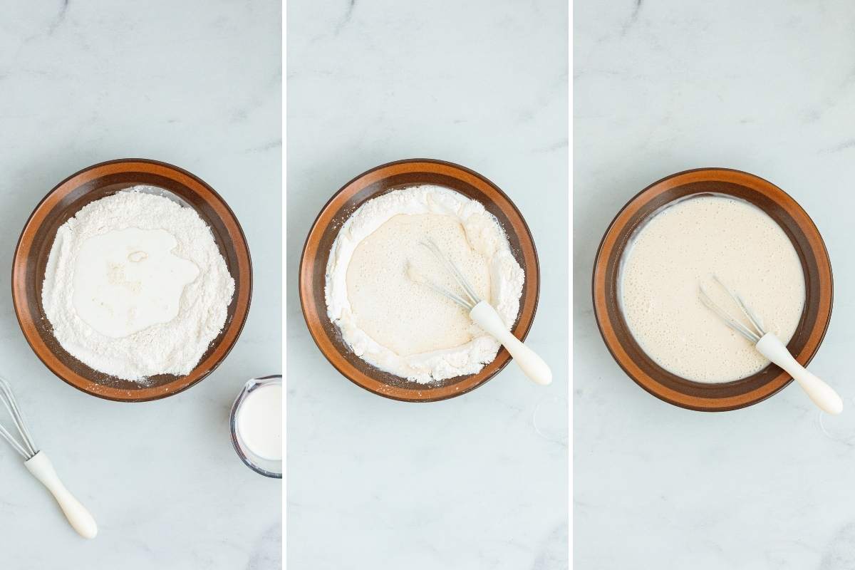 Three photos showing the process of whisking dry ingredients and milk into batter.