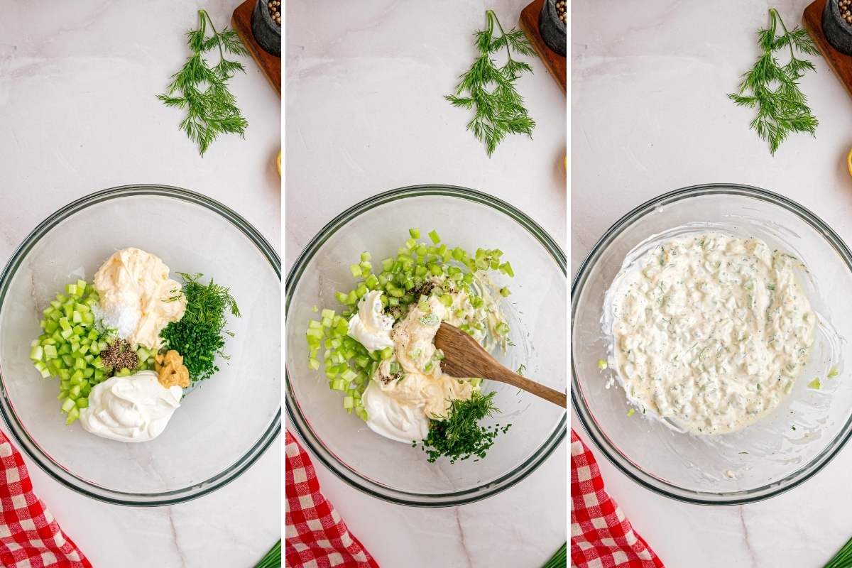 Three photos showing dressing ingredients being stirred together in a glass bowl.