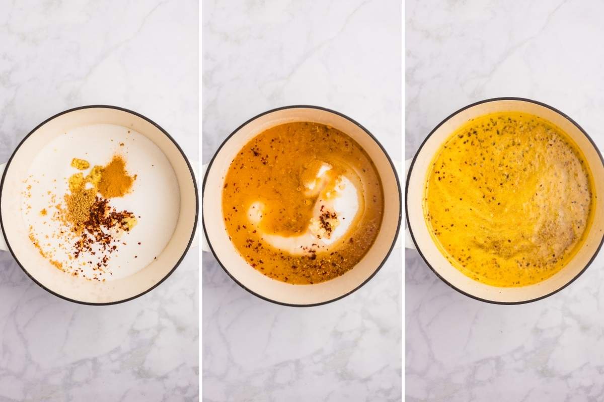  Three stages of the syrup: dry spices, vinegar added, and simmering.

