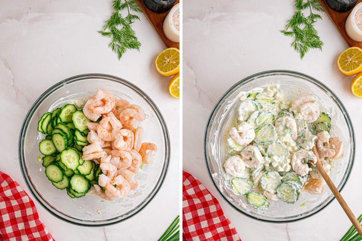 Two photos showing shrimp and cucumbers before and after being mixed with dressing.