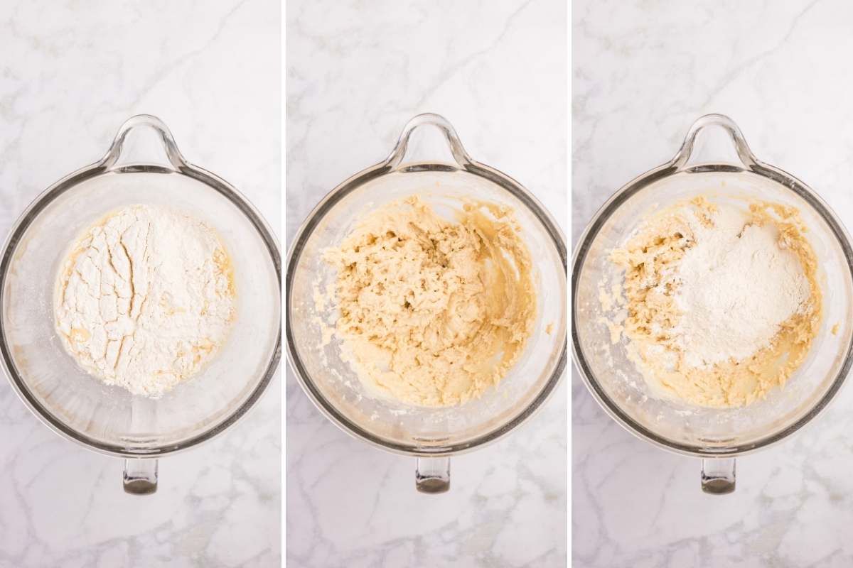 Three-panel photo showing the stages of mixing snowflake roll dough in a glass stand mixer bowl, from dry flour to shaggy dough to a rough ball.