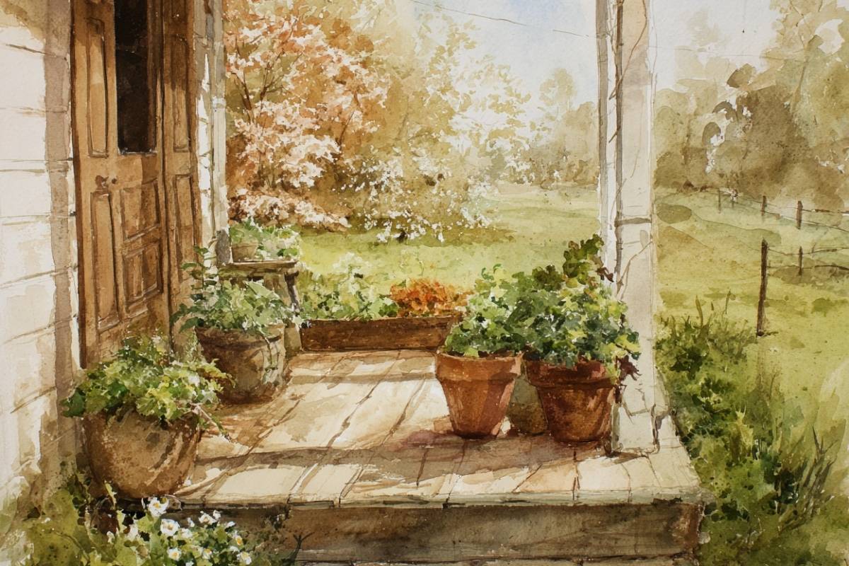 watercolor of porch with herbs in pots.